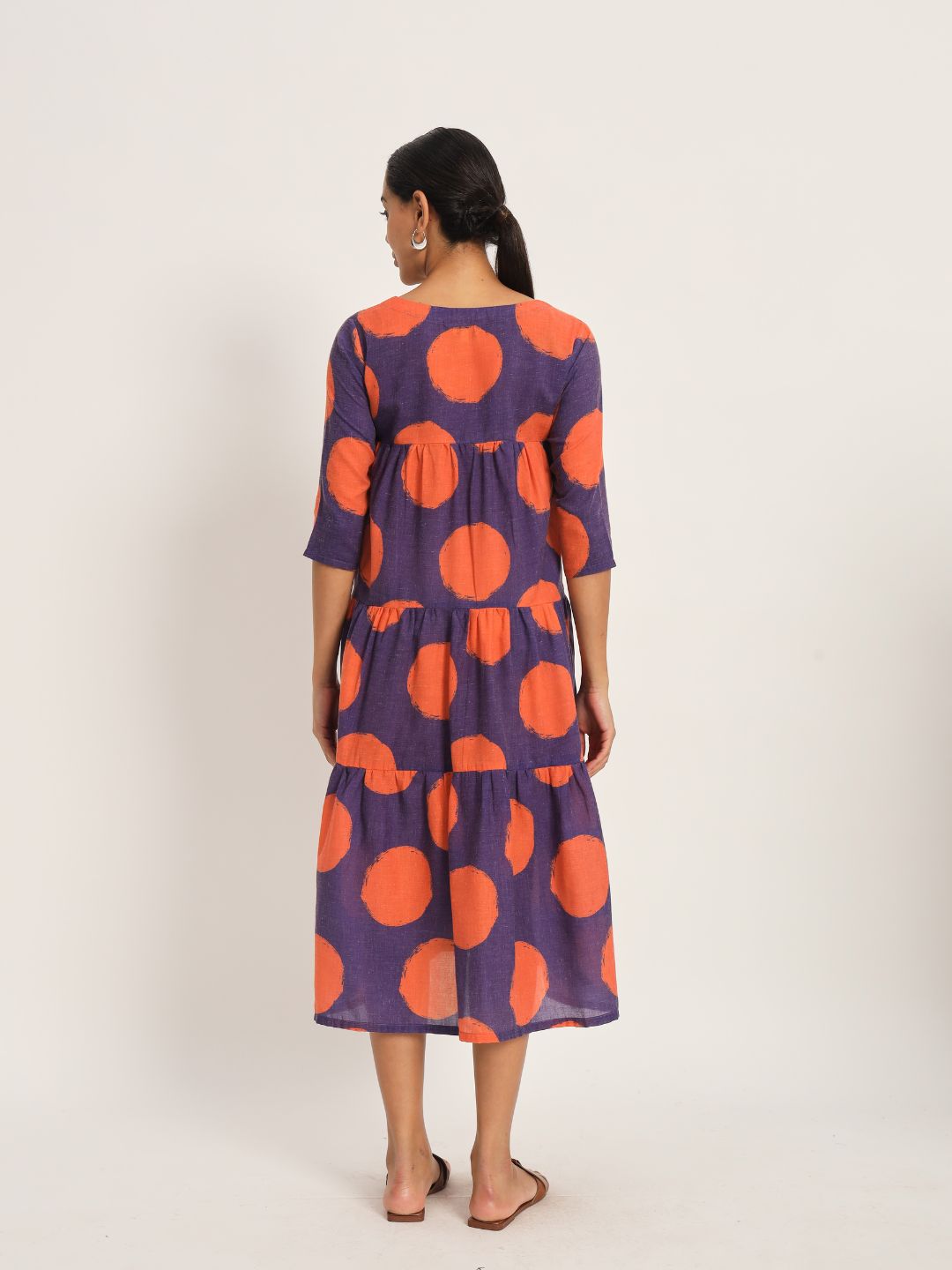 Dots-&-Dashes-Orange-&-Purple-Cotton-Blend-Tiered-Dress