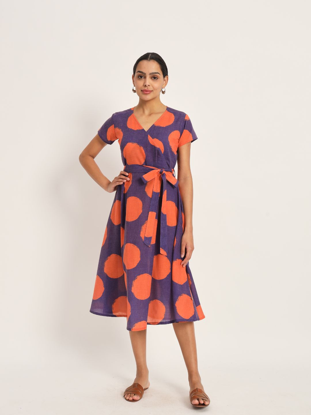 Dots-&-Dashes-Orange-&-Purple-Cotton-Blend-Fit-&-Flare-Dress