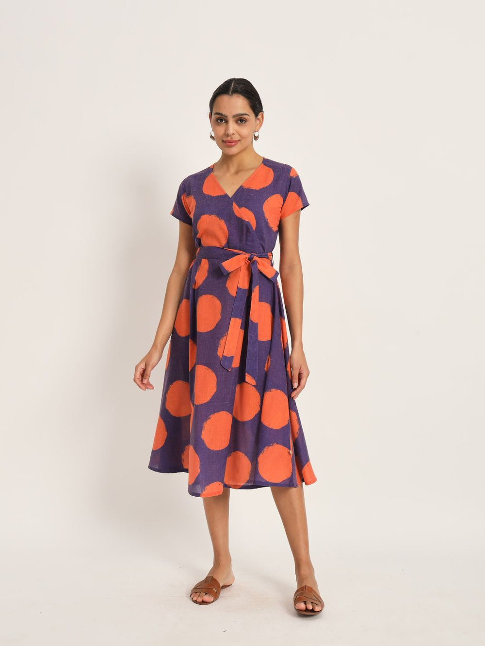 Dots-&-Dashes-Orange-&-Purple-Cotton-Blend-Fit-&-Flare-Dress