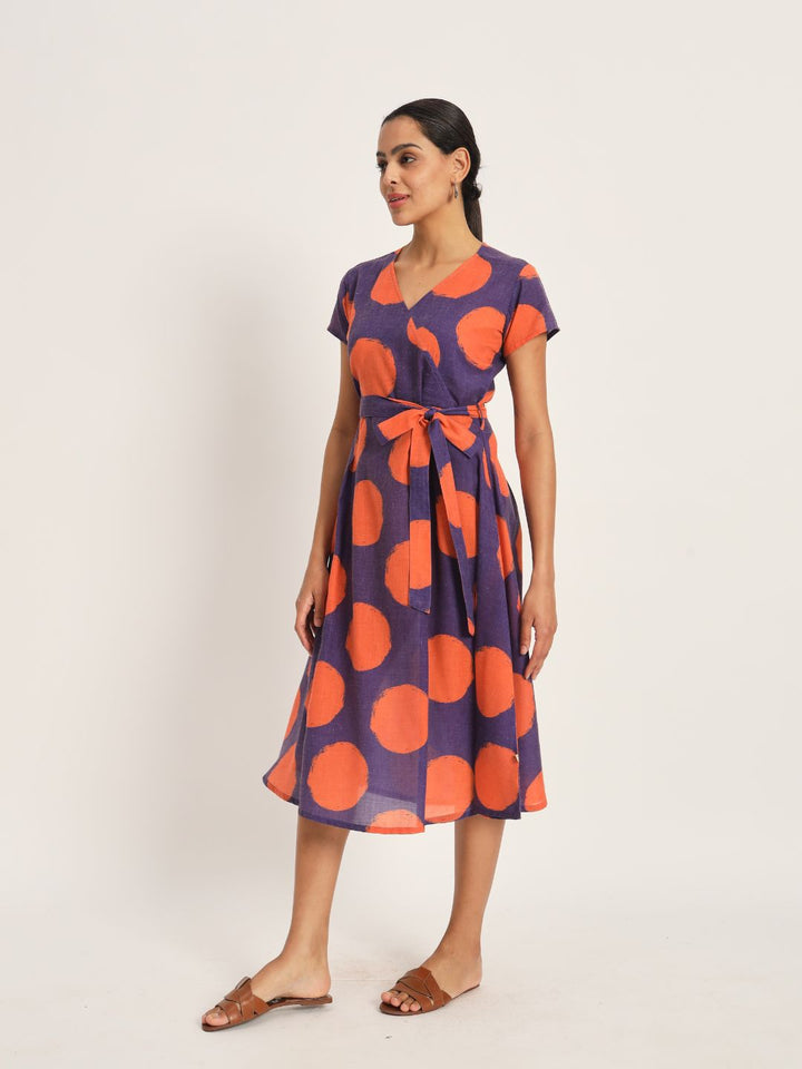 Dots-&-Dashes-Orange-&-Purple-Cotton-Blend-Fit-&-Flare-Dress