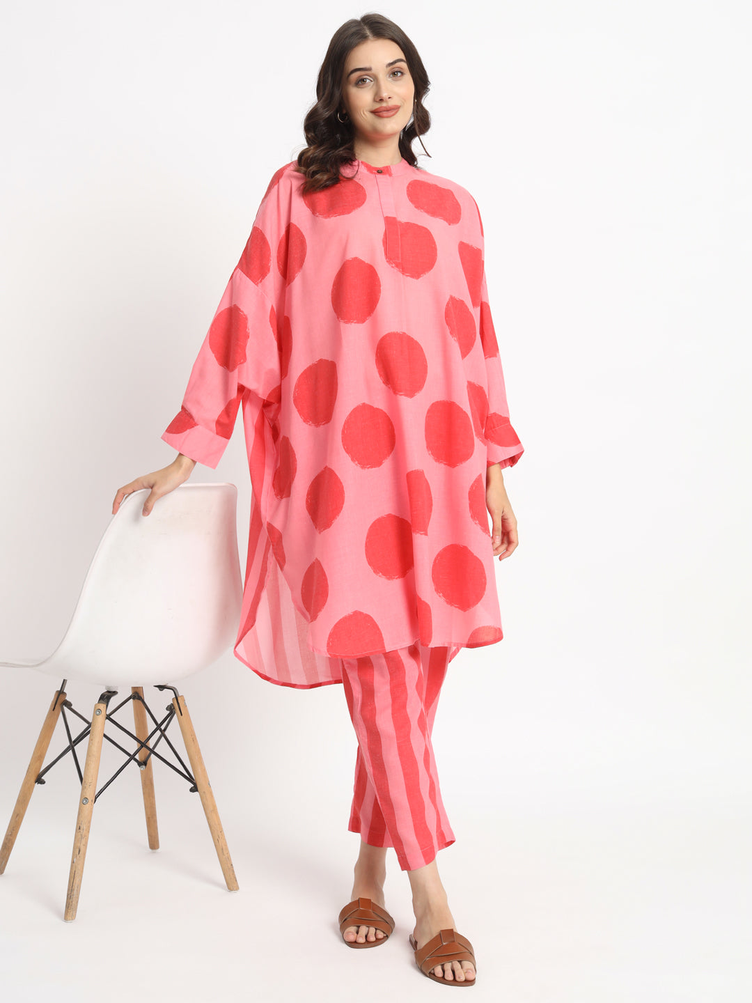 Dots-&-Dashes-Pink-&-Red-Cotton-Blend-High-Low-2-Piece-Kurta-Sets