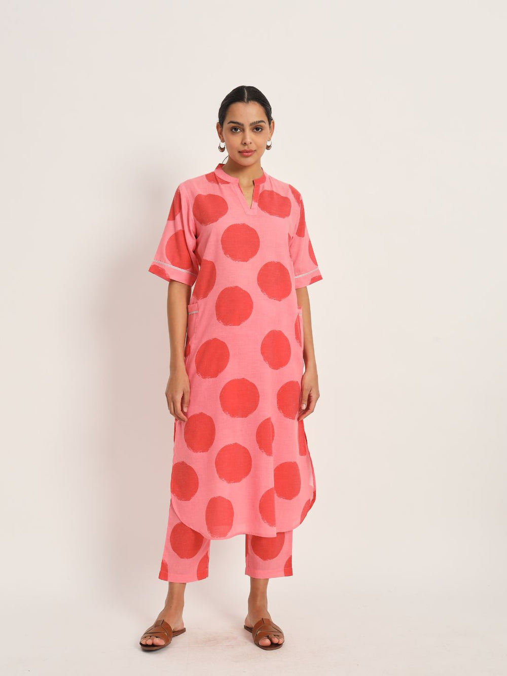 Dots-&-Dashes-Red-&-Pink-Cotton-Blend-Straight-Co-Ord-Set