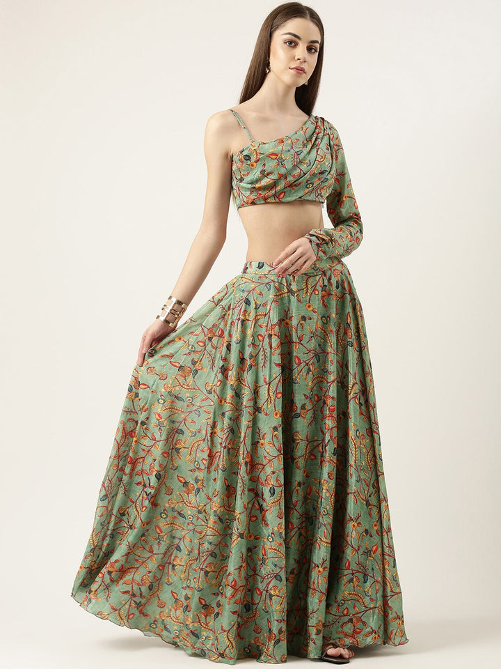 Dusty Green Chinon Digital Printed Top & Skirt Set