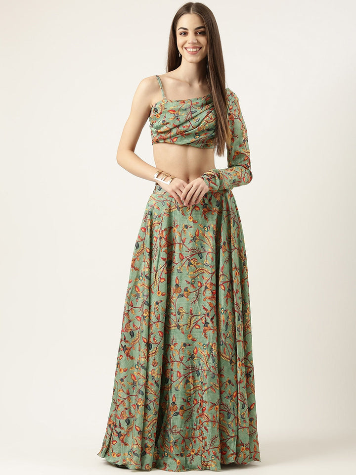 Dusty Green Chinon Digital Printed Top & Skirt Set