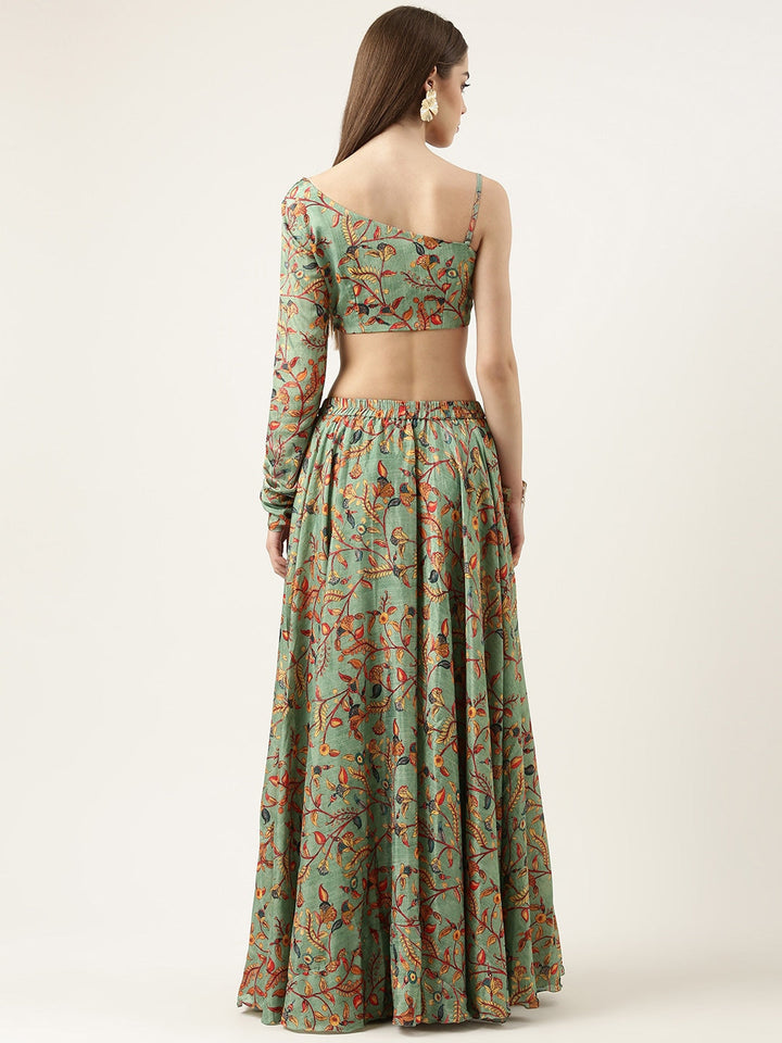 Dusty Green Chinon Digital Printed Top & Skirt Set