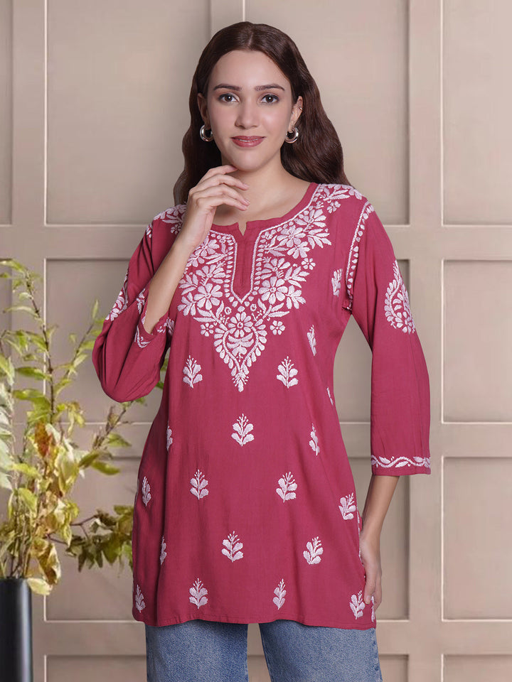 Dusty-Red-Rayon-Embroidered-Chikankari-Short-Tunic