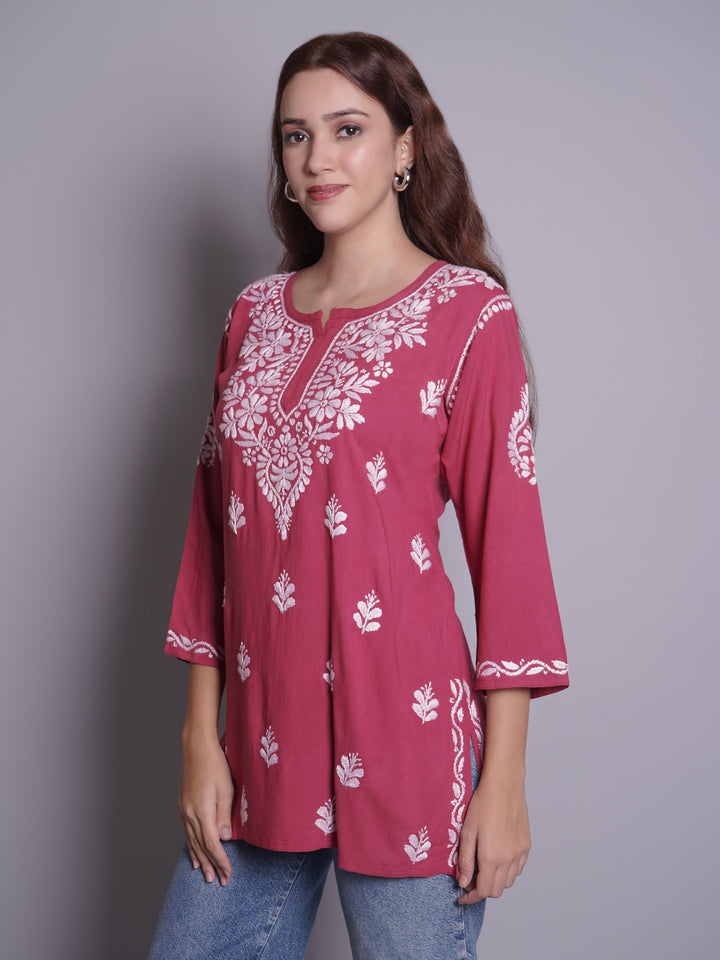 Dusty-Red-Rayon-Embroidered-Chikankari-Short-Tunic