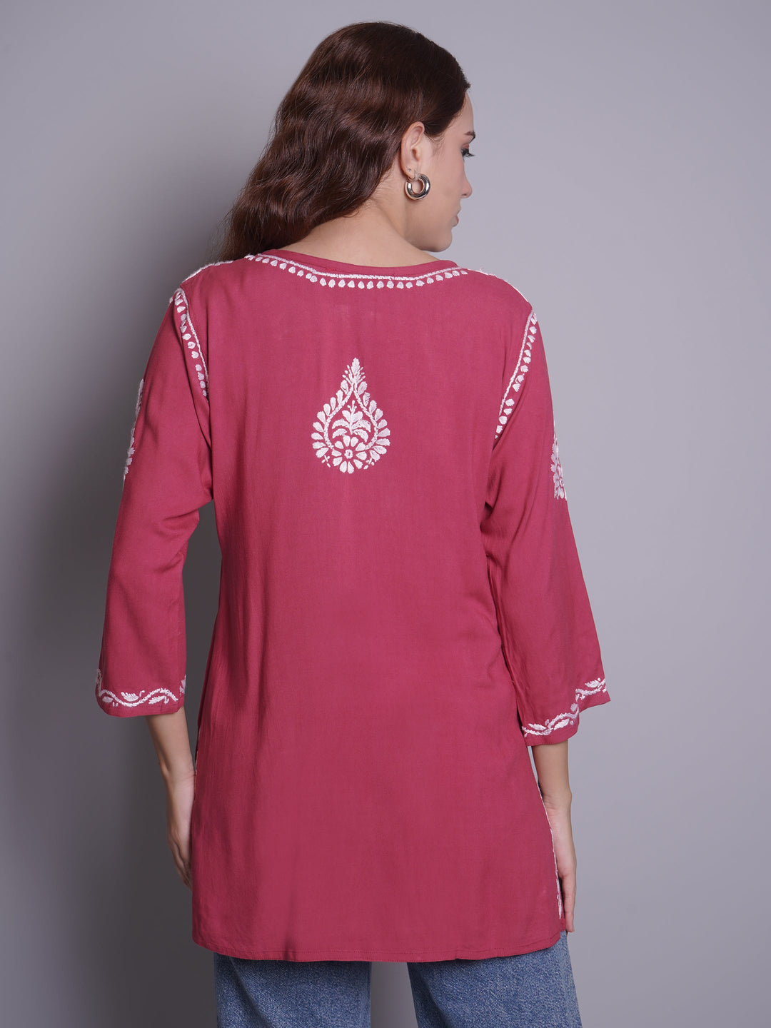 Dusty-Red-Rayon-Embroidered-Chikankari-Short-Tunic