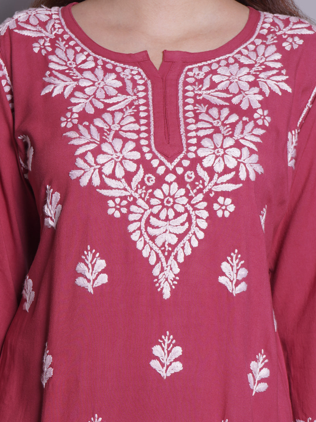 Dusty-Red-Rayon-Embroidered-Chikankari-Short-Tunic