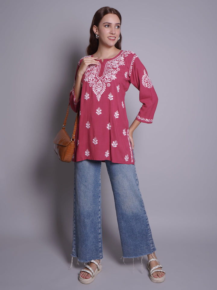 Dusty-Red-Rayon-Embroidered-Chikankari-Short-Tunic