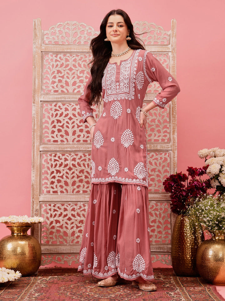 Dusty-Peach-Modal-Lucknowi-Chikankari-Sharara-Set-(Set-Of-2)