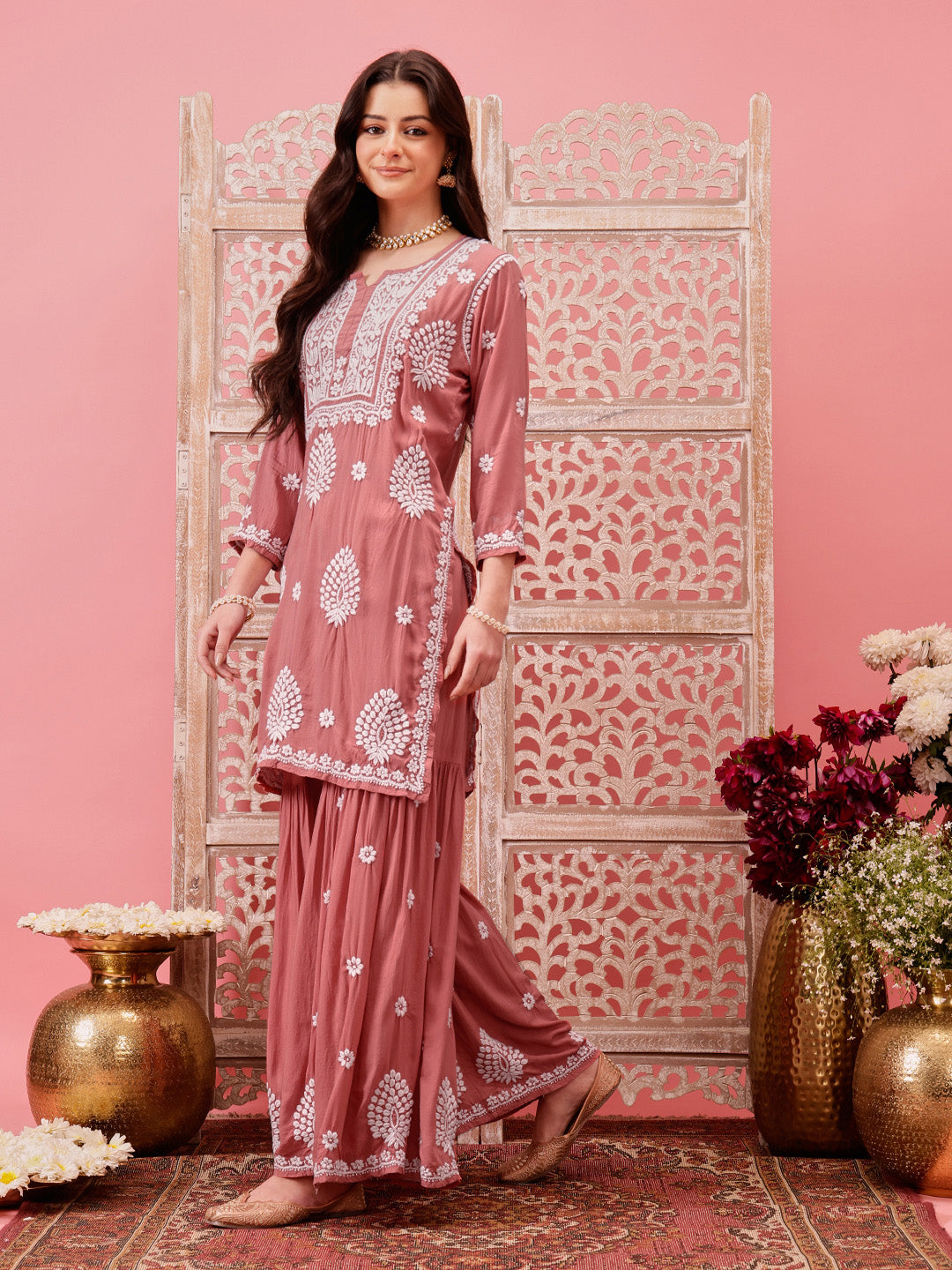 Dusty-Peach-Modal-Lucknowi-Chikankari-Sharara-Set-(Set-Of-2)