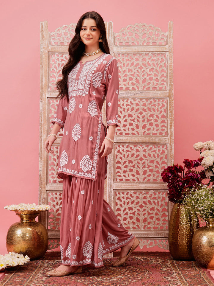 Dusty-Peach-Modal-Lucknowi-Chikankari-Sharara-Set-(Set-Of-2)