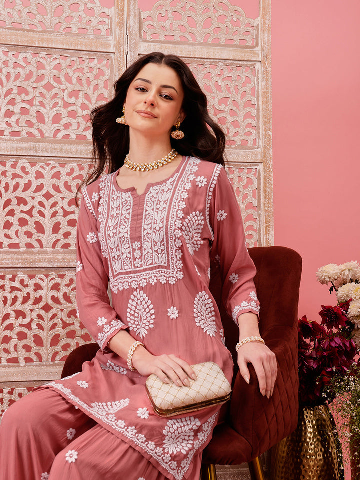 Dusty-Peach-Modal-Lucknowi-Chikankari-Sharara-Set-(Set-Of-2)