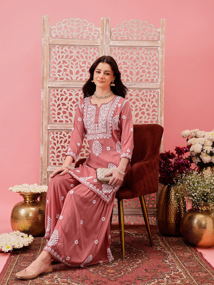 Dusty-Peach-Modal-Lucknowi-Chikankari-Sharara-Set-(Set-Of-2)