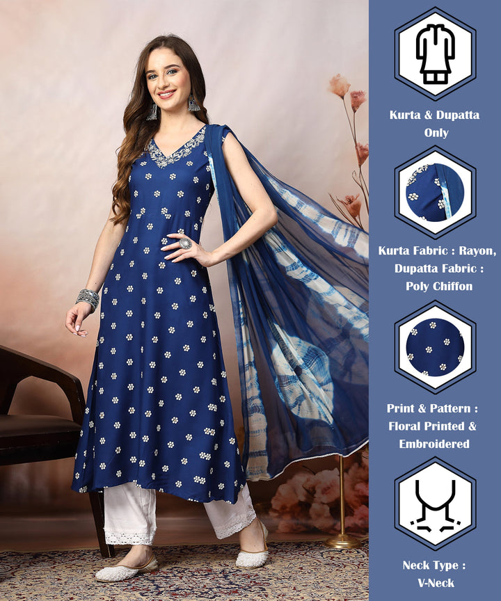 Blue-Rayon-Floral-Printed-A-Line-3-Piece-Kurta-Set