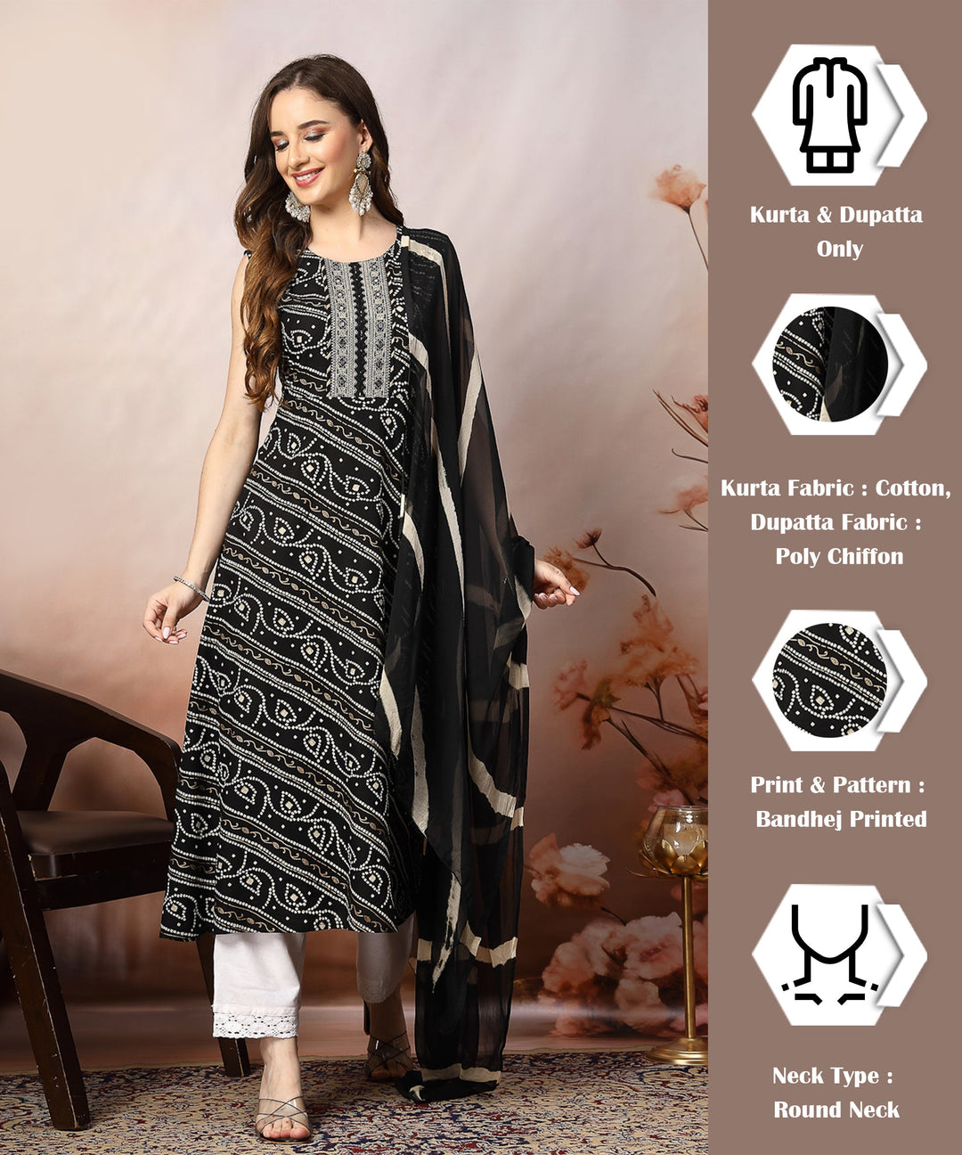 Black-Rayon-Bandhani-Printed-A-Line-3-Piece-Kurta-Set