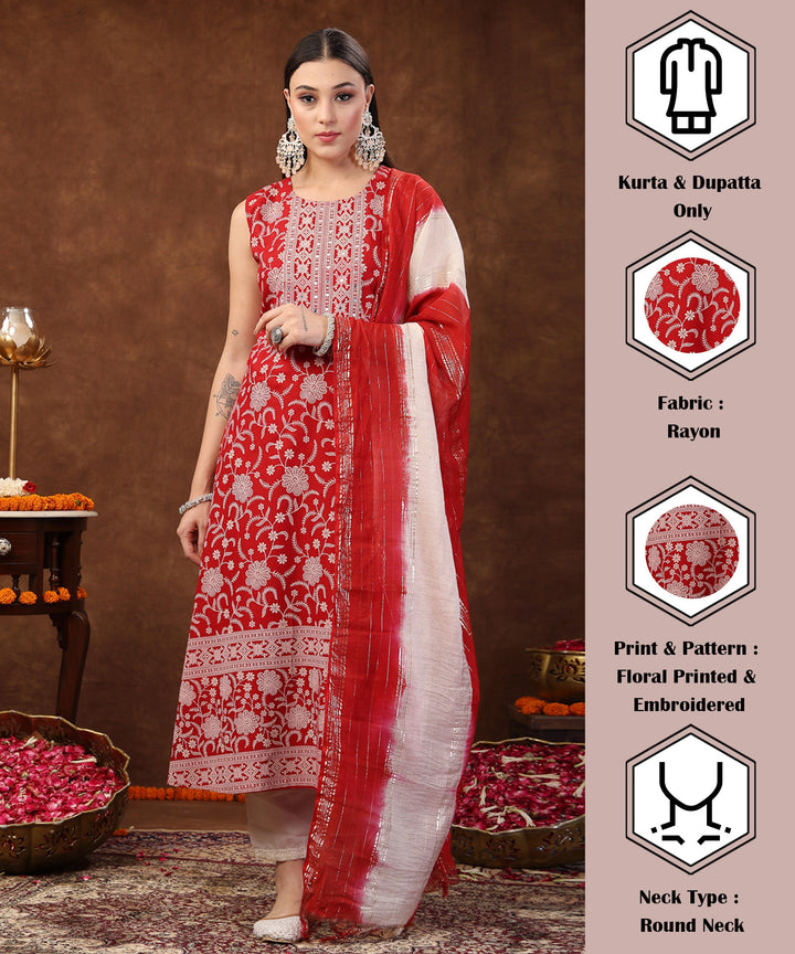 Red-Rayon-Printed-Embroidered-A-Line-3-Piece-Kurta-Set