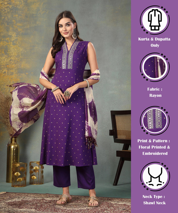 Violet-Rayon-Khari-Printed-A-Line-Kurta-&-Dupatta-Only