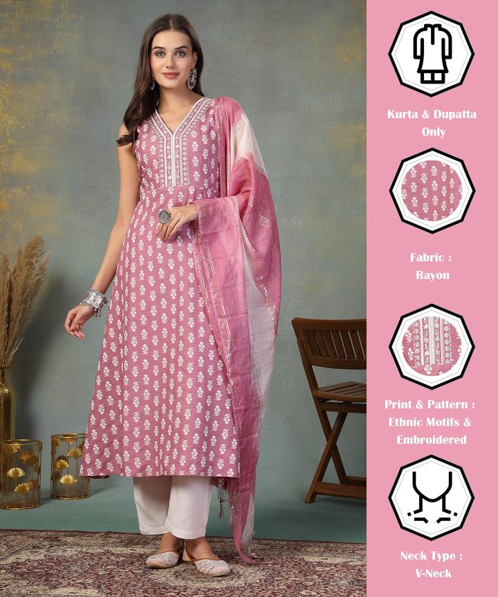 Mauve-Pink-Rayon-Embroidered-A-Line-Kurta-&-Dupatta-Only