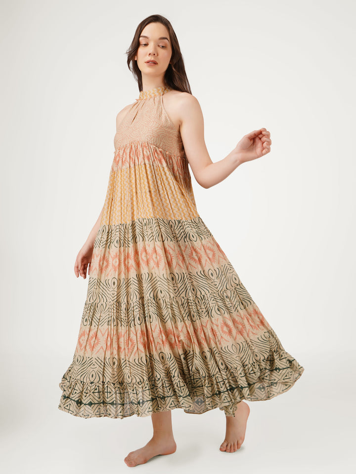 Earthy-Brown-Cotton-Mulmul-Halter-Neck-Dress