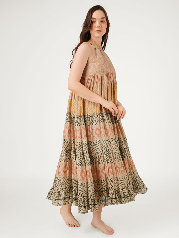 Earthy-Brown-Cotton-Mulmul-Halter-Neck-Dress