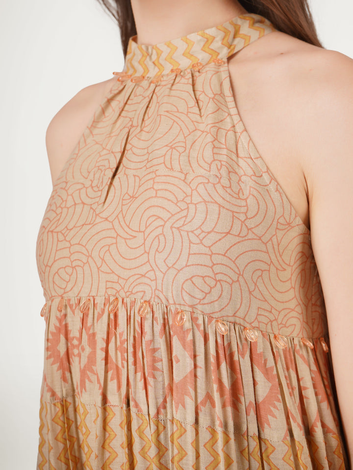 Earthy-Brown-Cotton-Mulmul-Halter-Neck-Dress