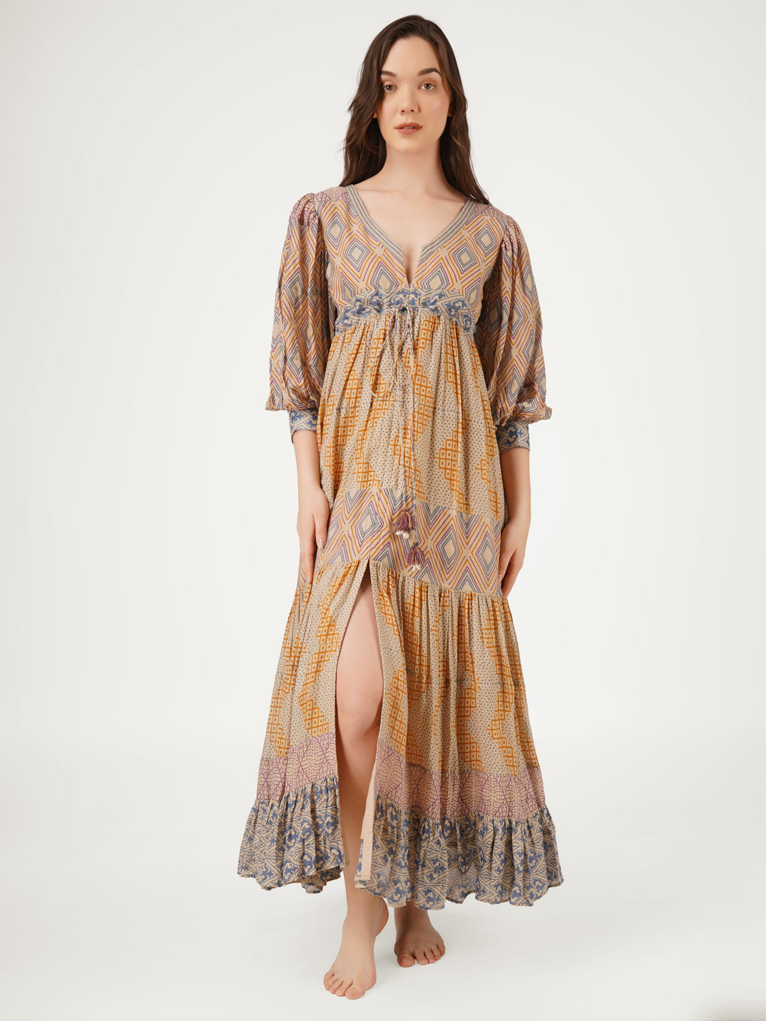 Earthy-Brown-Cotton-Mulmul-Sleeved-Tiered-Dress