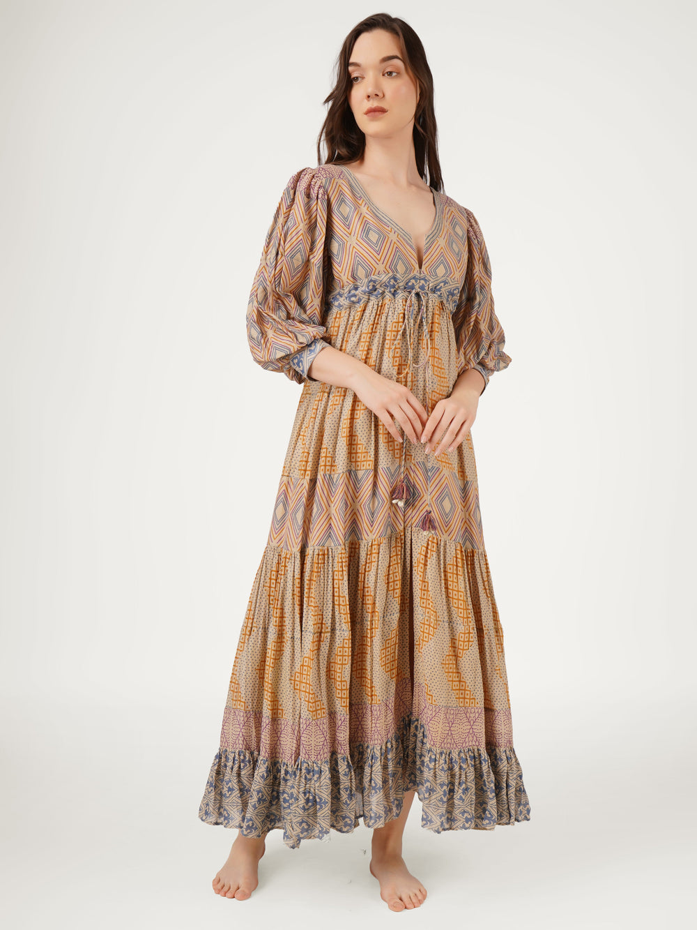 Earthy-Brown-Cotton-Mulmul-Sleeved-Tiered-Dress