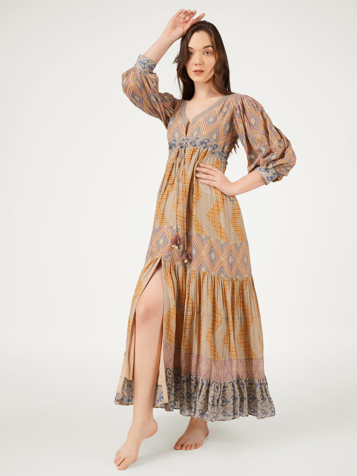 Earthy-Brown-Cotton-Mulmul-Sleeved-Tiered-Dress