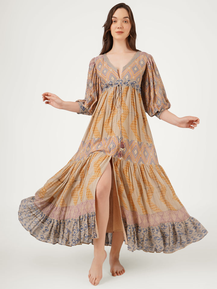 Earthy-Brown-Cotton-Mulmul-Sleeved-Tiered-Dress