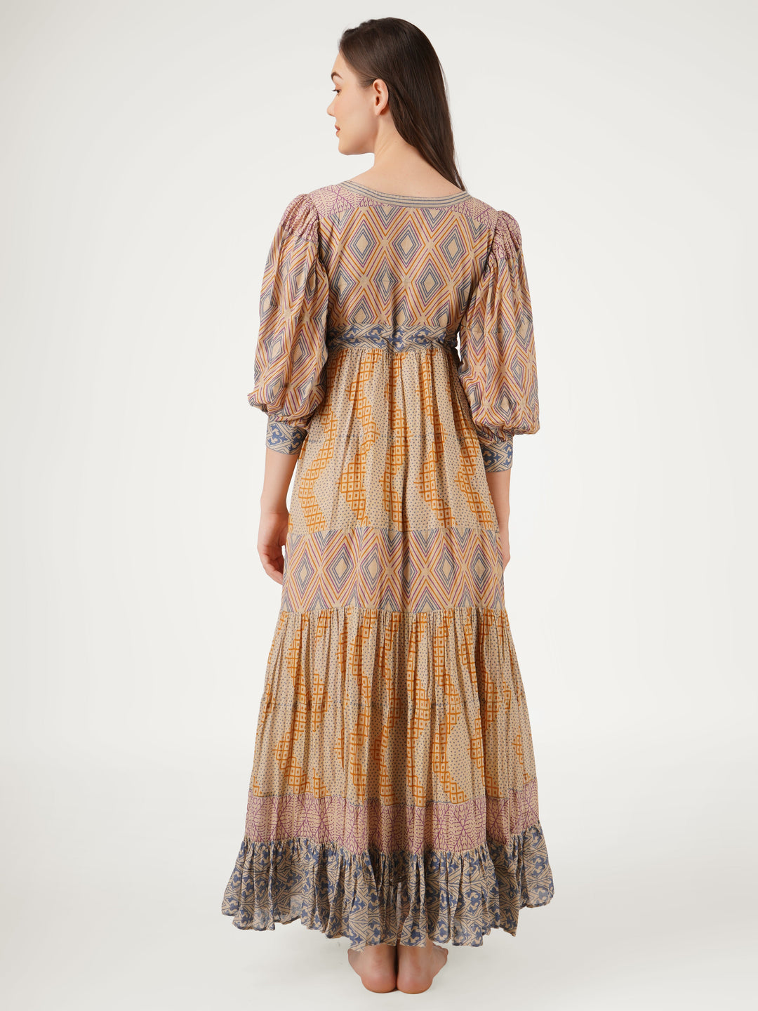 Earthy-Brown-Cotton-Mulmul-Sleeved-Tiered-Dress