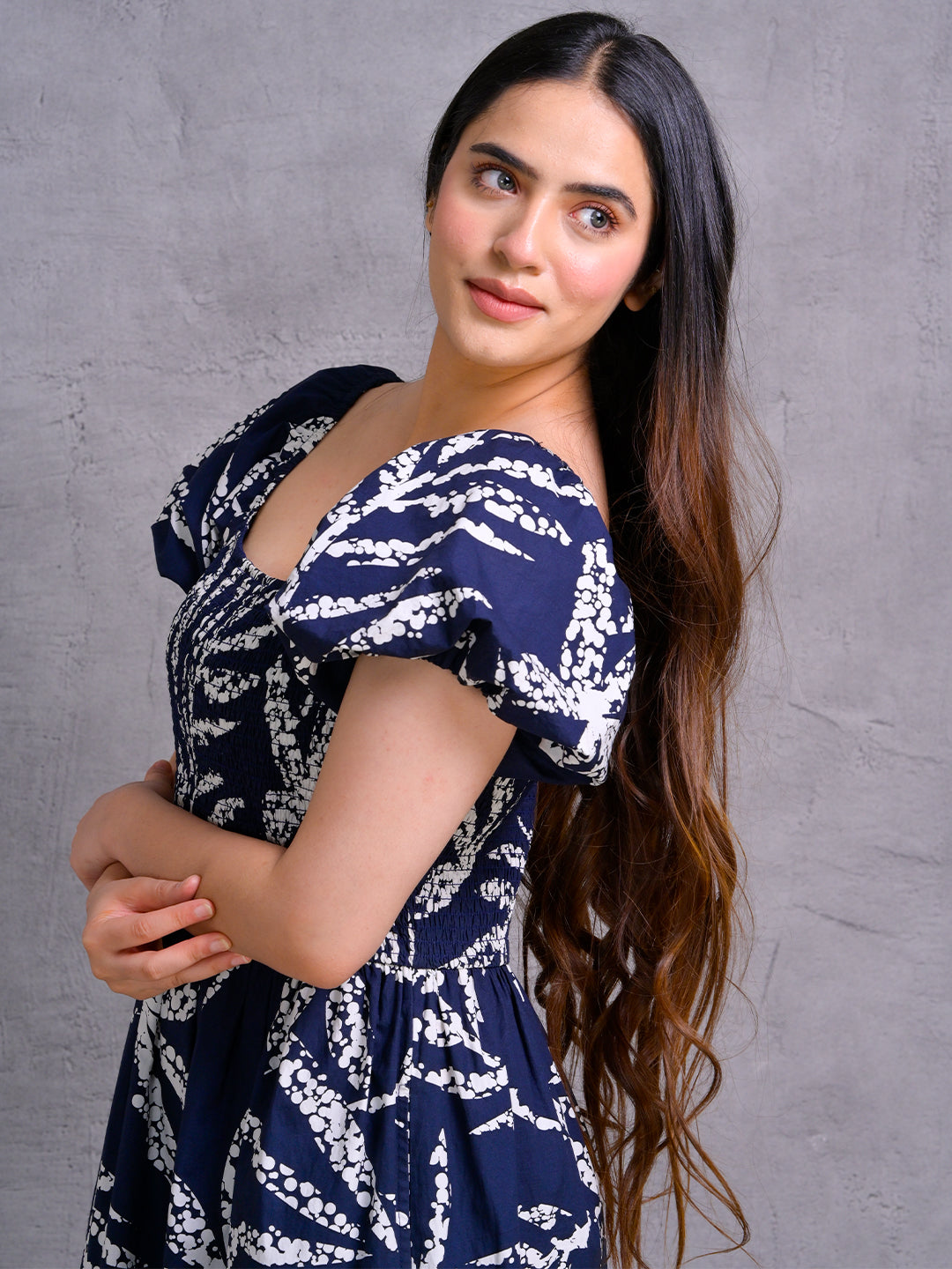 Navy-Blue-Cotton-Smocked-Midi-Dress