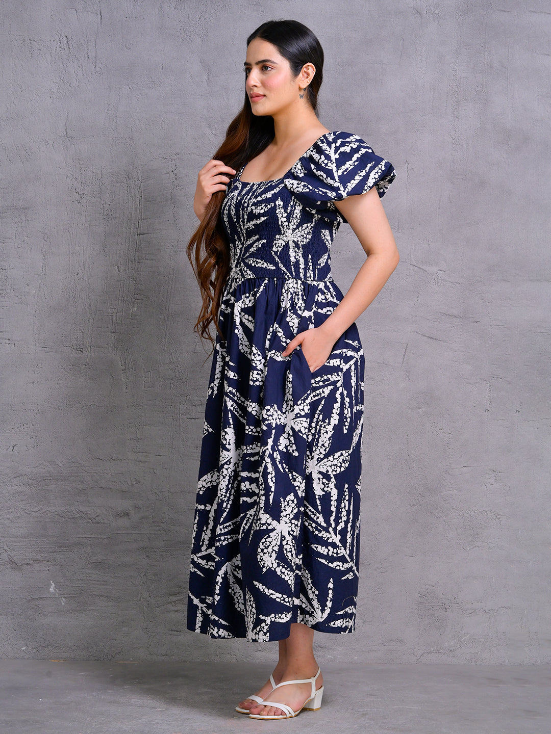 Navy-Blue-Cotton-Smocked-Midi-Dress