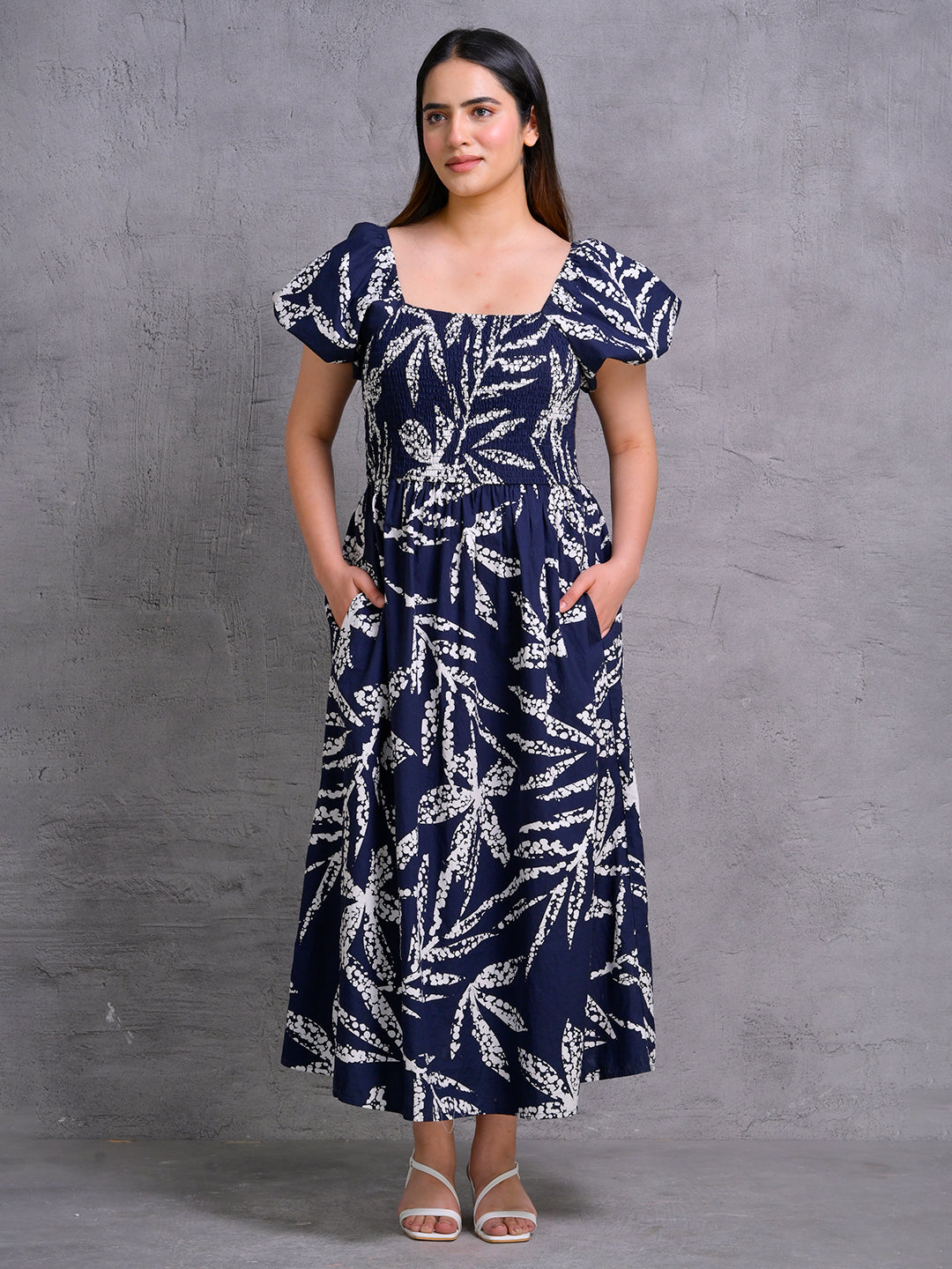Navy-Blue-Cotton-Smocked-Midi-Dress