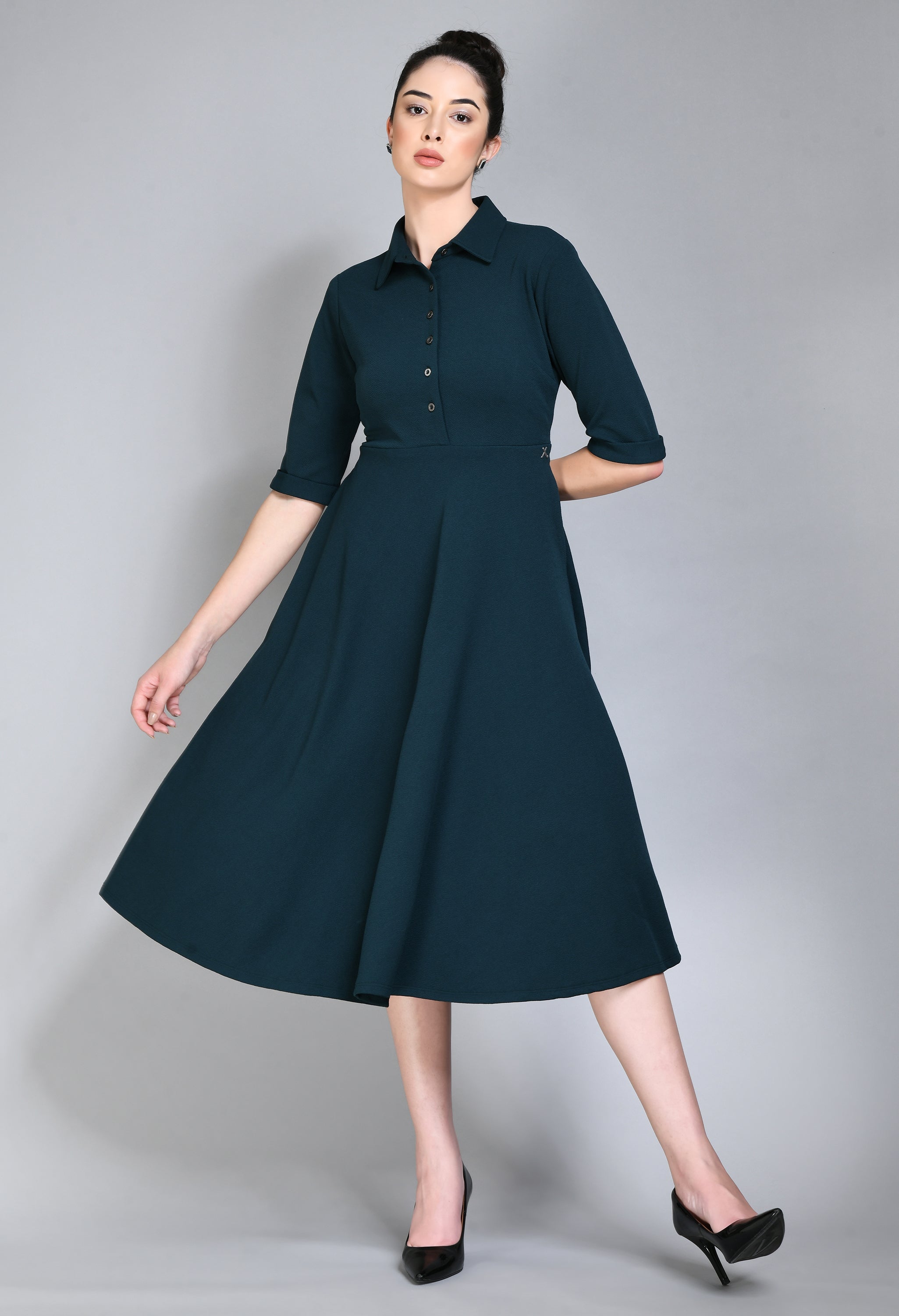 Emerald Green Cotton Blend Fit Flared Shirt Midi Dress ZERESOUQ.COM