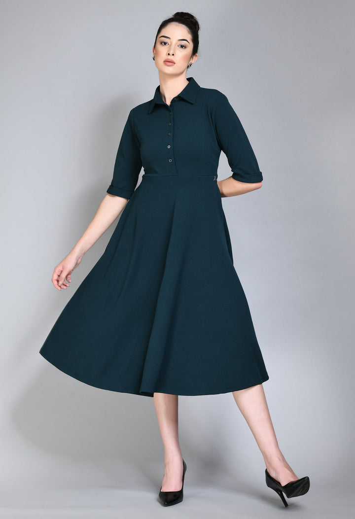 Emerald-Green-Cotton-Blend-Fit-&-Flared-Shirt-Midi-Dress