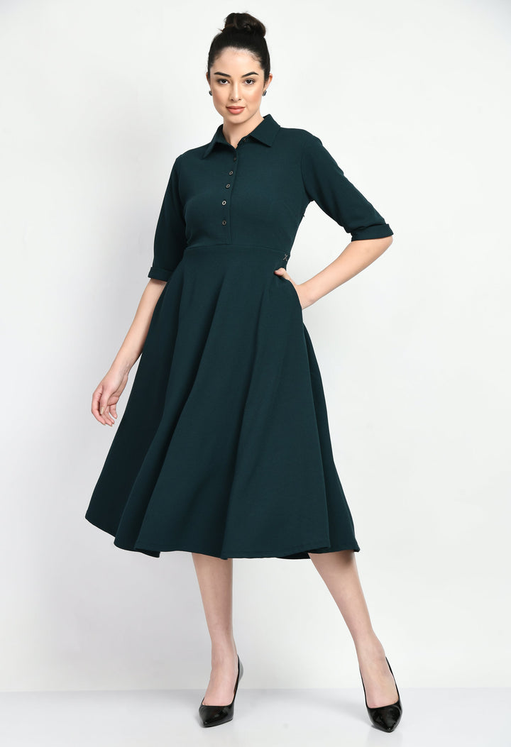 Emerald-Green-Cotton-Blend-Fit-&-Flared-Shirt-Midi-Dress