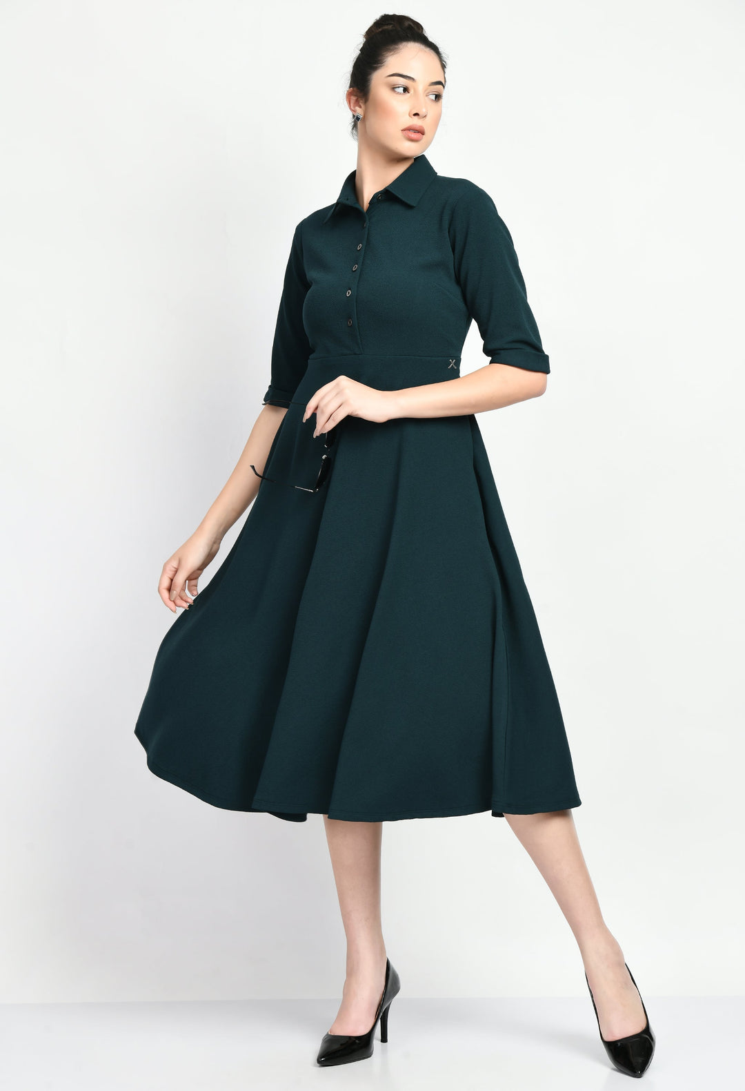 Emerald-Green-Cotton-Blend-Fit-&-Flared-Shirt-Midi-Dress