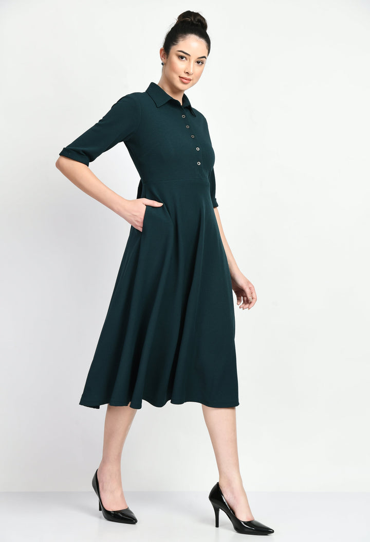 Emerald-Green-Cotton-Blend-Fit-&-Flared-Shirt-Midi-Dress