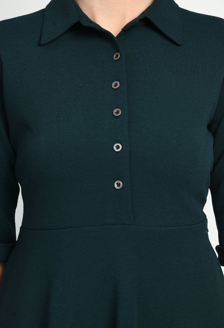 Emerald-Green-Cotton-Blend-Fit-&-Flared-Shirt-Midi-Dress