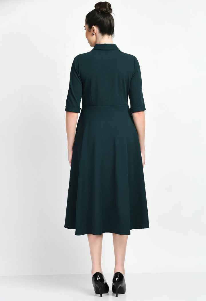 Emerald-Green-Cotton-Blend-Fit-&-Flared-Shirt-Midi-Dress