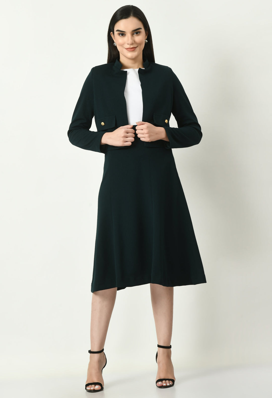 Emerald-Green-Mandarin-Collar-Blazer-With-Midi-A-Line-Skirt