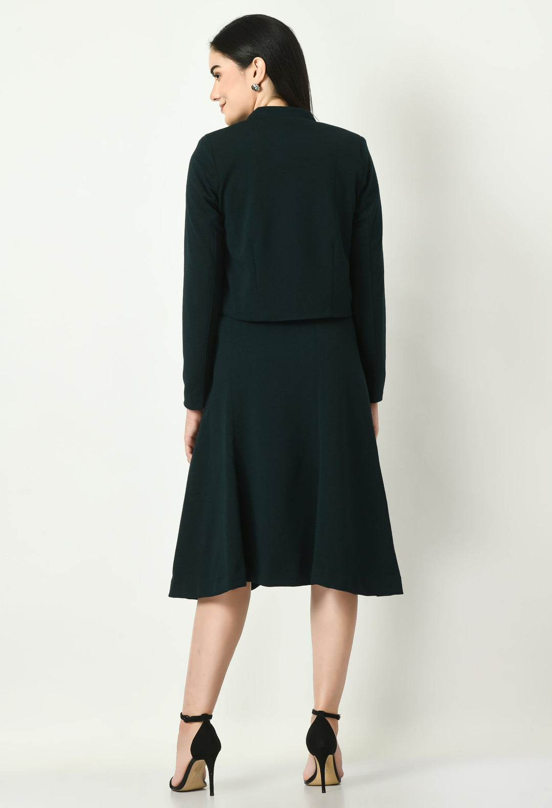 Emerald-Green-Mandarin-Collar-Blazer-With-Midi-A-Line-Skirt