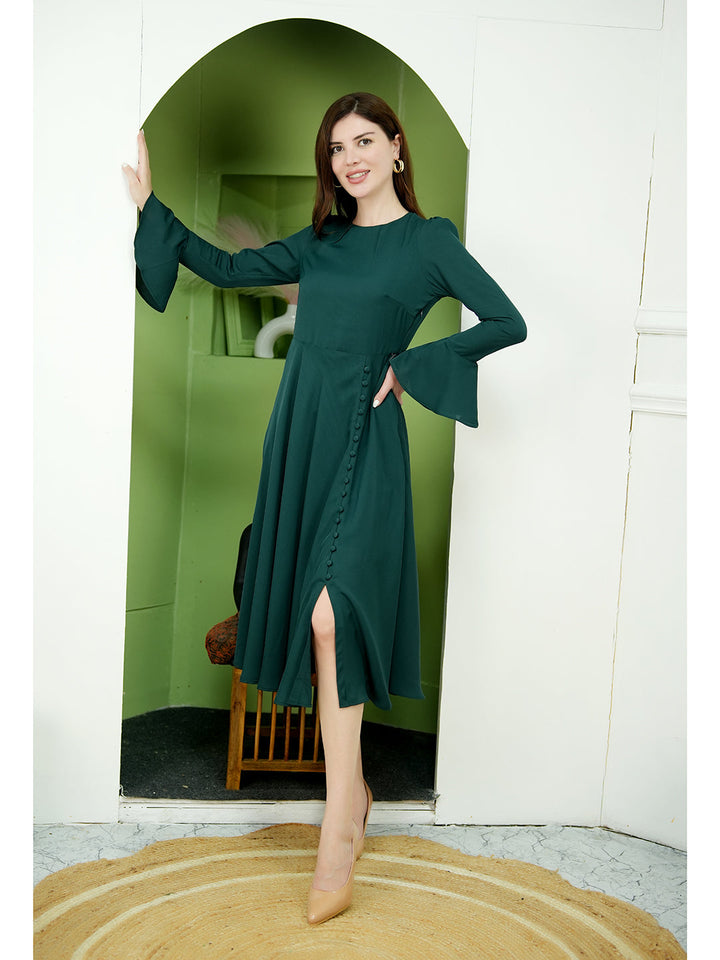 Emerald-Green-Polyester-Gleaming-Fit-&-Flare-Dress