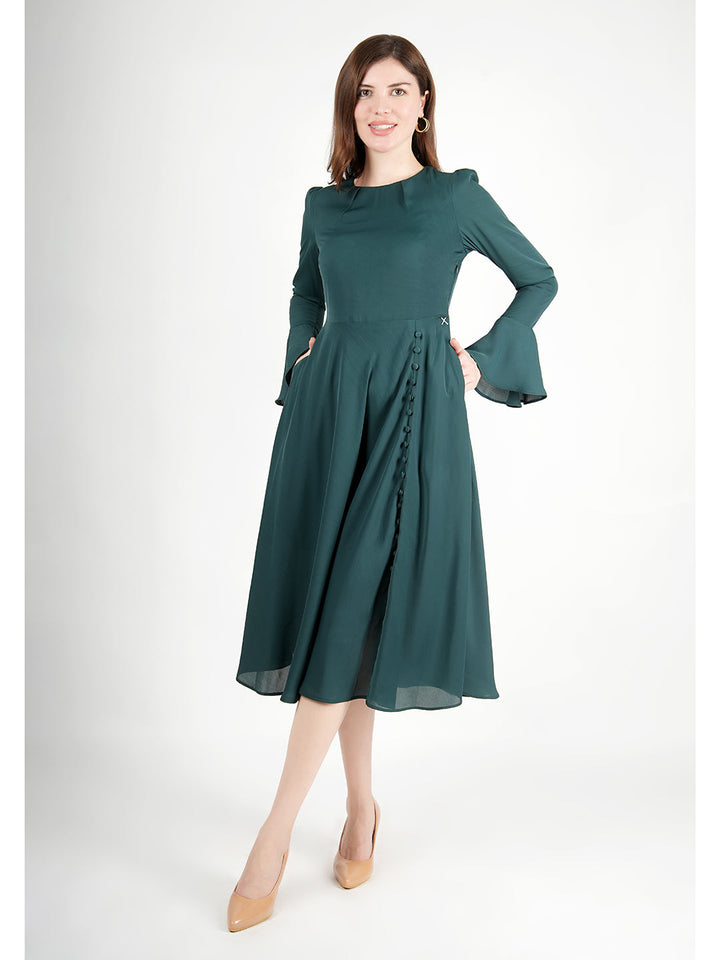 Emerald-Green-Polyester-Gleaming-Fit-&-Flare-Dress