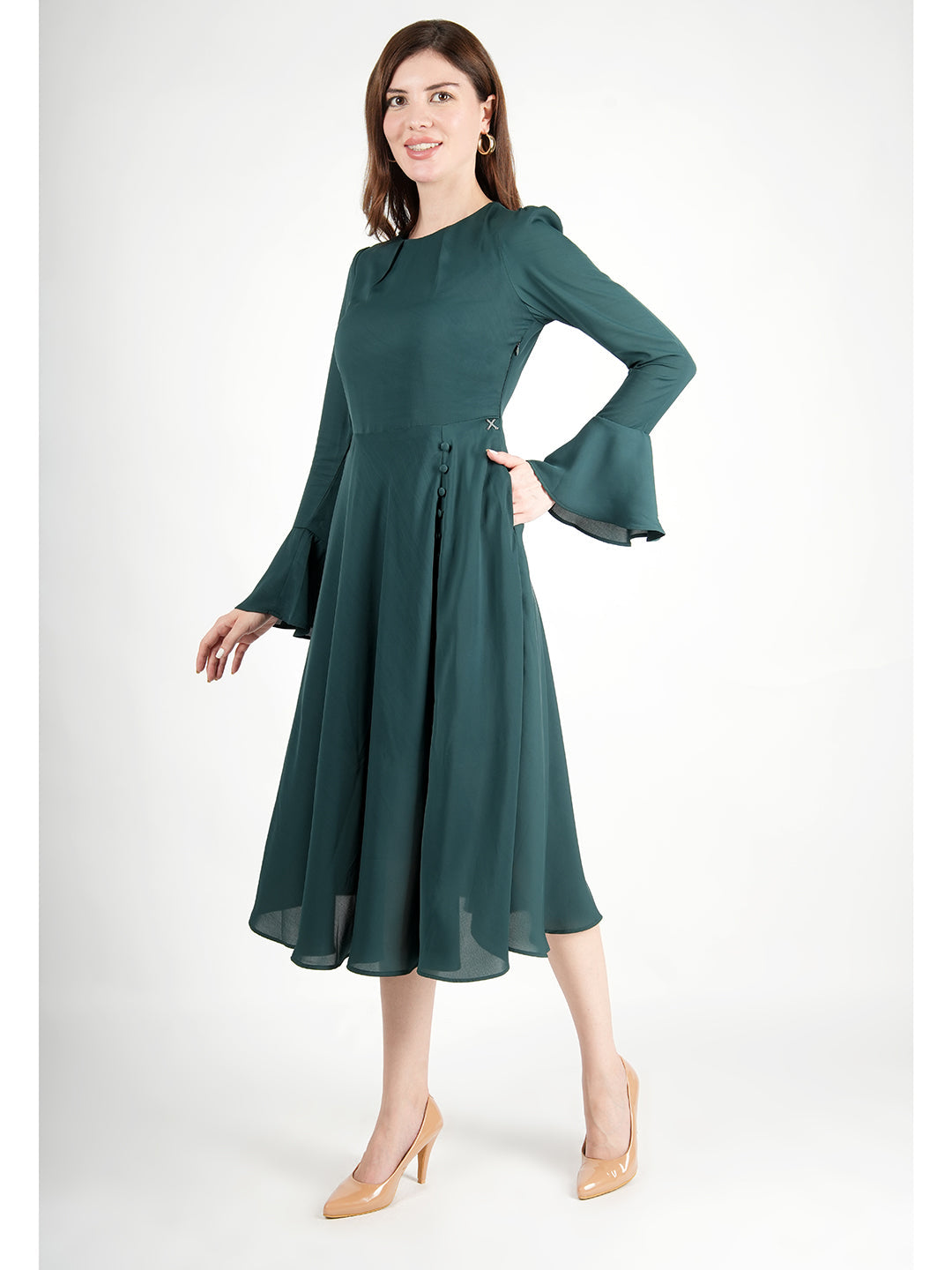 Emerald-Green-Polyester-Gleaming-Fit-&-Flare-Dress