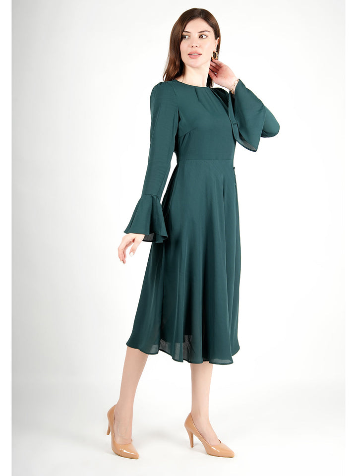 Emerald-Green-Polyester-Gleaming-Fit-&-Flare-Dress