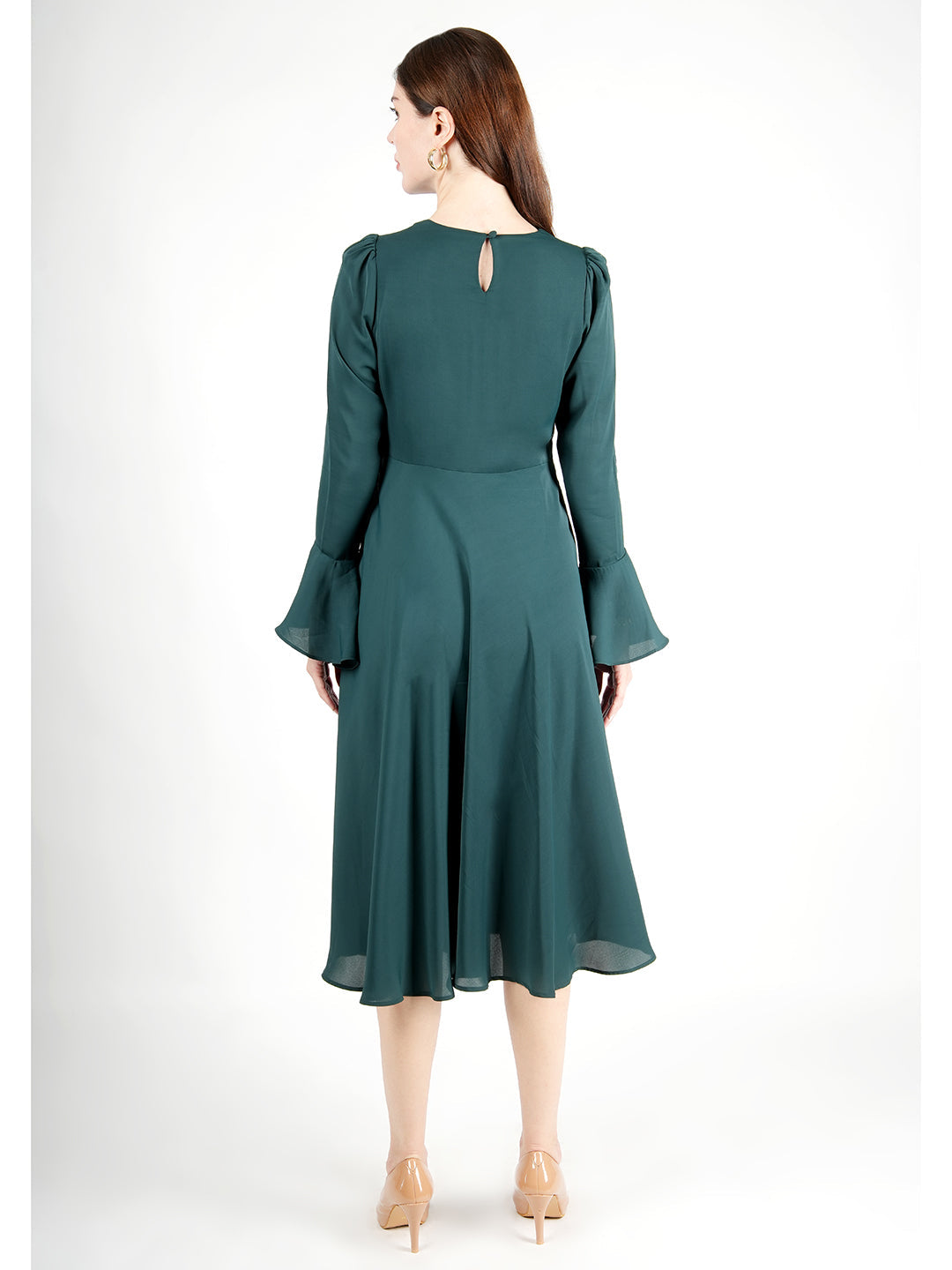 Emerald-Green-Polyester-Gleaming-Fit-&-Flare-Dress