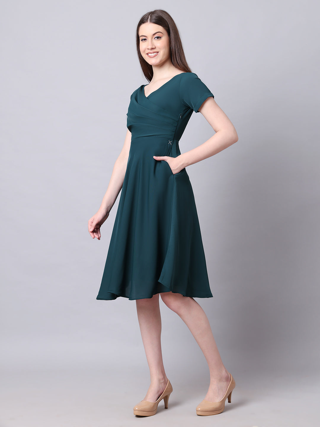 Emerald-Green-Polyester-Intrepid-V-Neck-Front-Pleat-Dress